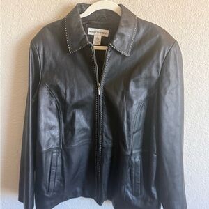 Vintage Genuine Black Leather Jacket with Unique Stitching - Women's XL